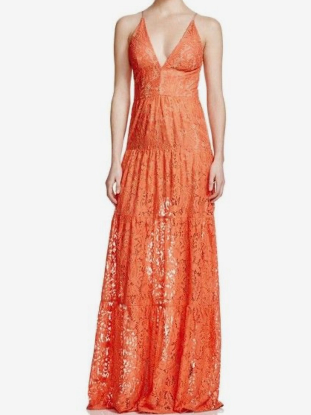 NWOT Dress the Population Melina Lace Maxi Dress in orange/coral
Size S